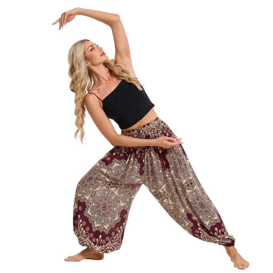 Women's Printed Rayon Harem Pants with Elastic Waist and Loose Gathered Legs