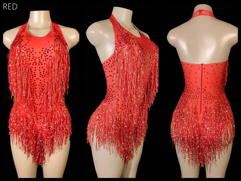 Women's Rhinestone Fringe Halter Dance Bodysuit for Stage Costume Outfits