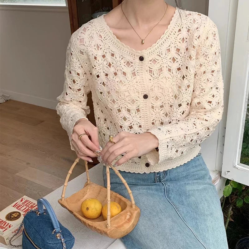 Women's Open Knit Cropped Button Front Cardigan Casual Knit Layer