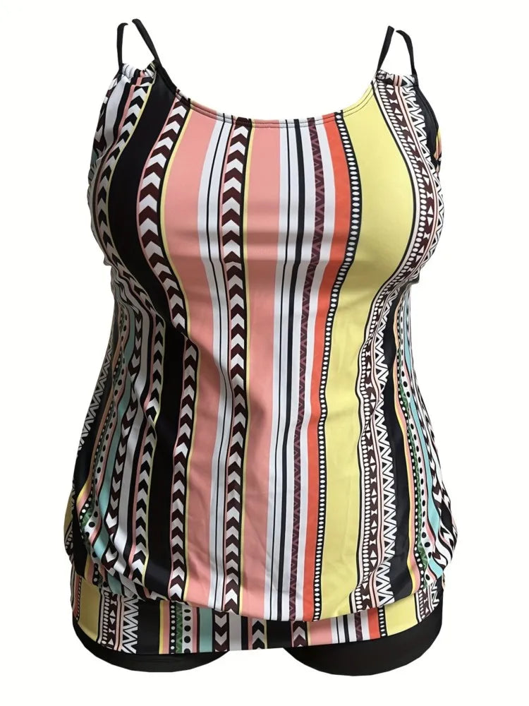 Women's Striped Tankini Top and Solid Shorts Swim Set