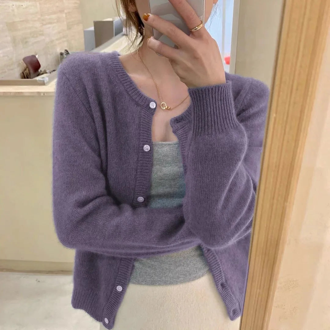 Women's Crew Neck Button Front Cardigan Casual Knit Layer