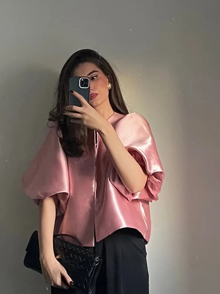 Women's Round Neck Puff Sleeve Cropped Blouse