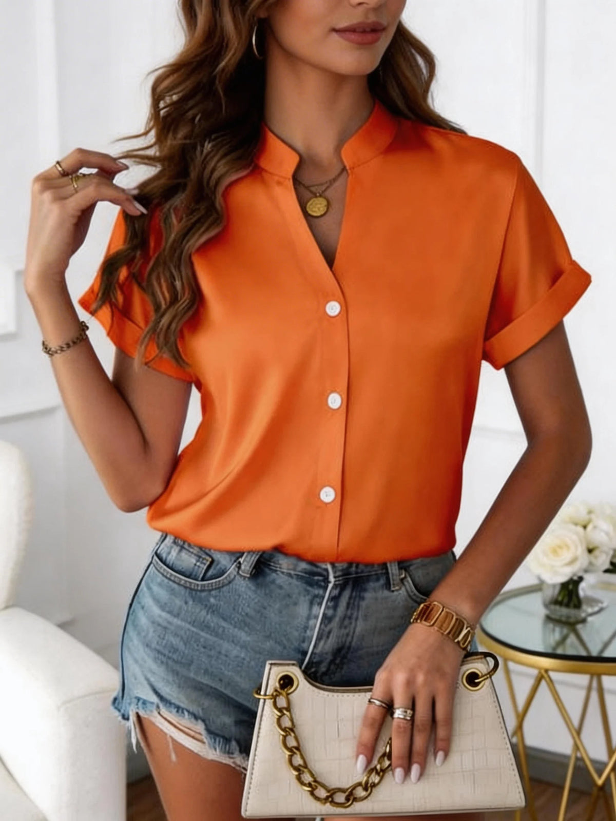 Women's V Neck Short Sleeve Button Front Blouse