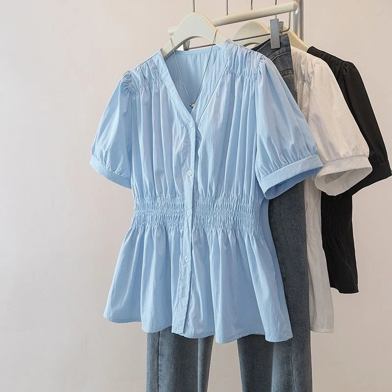 Women's Smocked Waist V Neck Button Front Blouse