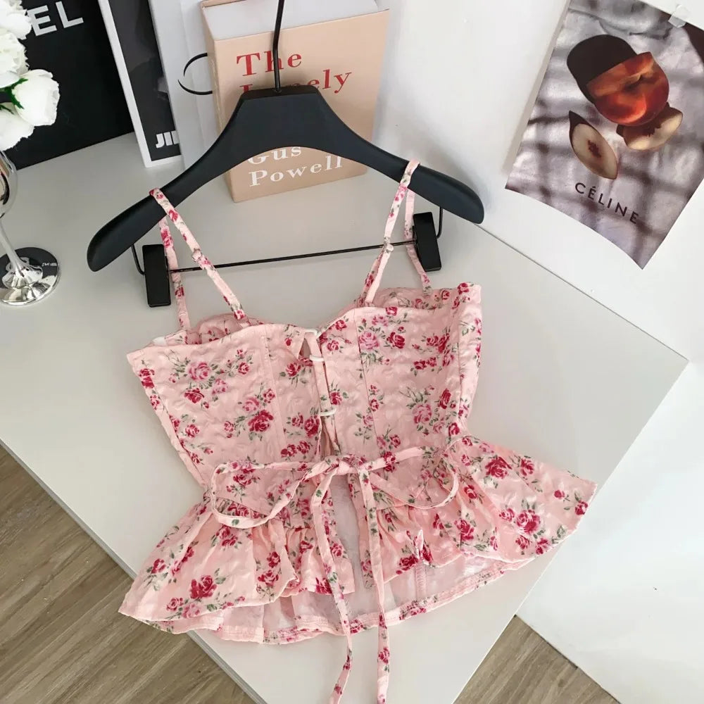 Women's Floral Print Crop Top with Ruffle Details and Cropped Length