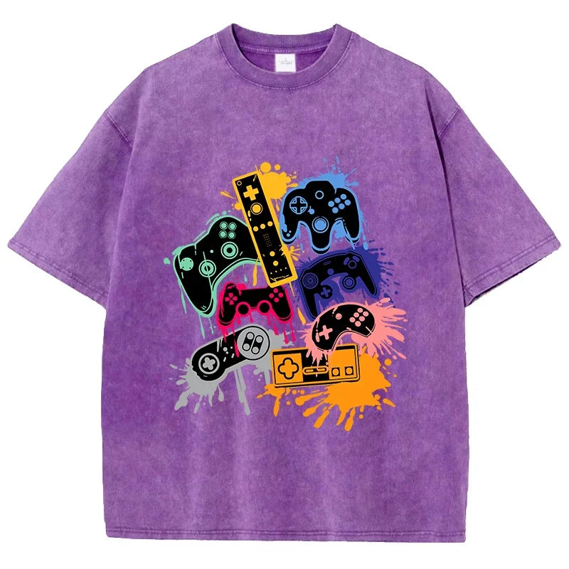 Game Console Graffiti Printing Washed T-Shirt Cotton T Shirts O-Neck Comfortable Distressed Tops Summer Mans Clothes