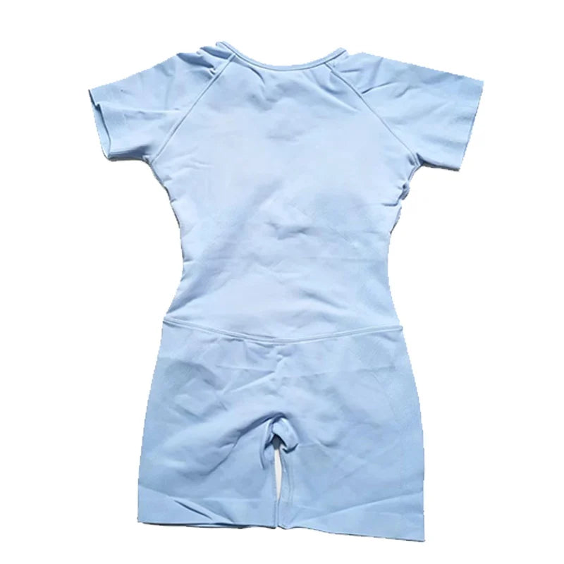 Women's Short Sleeve Nylon Workout Romper with Open Back and Fitted Shorts