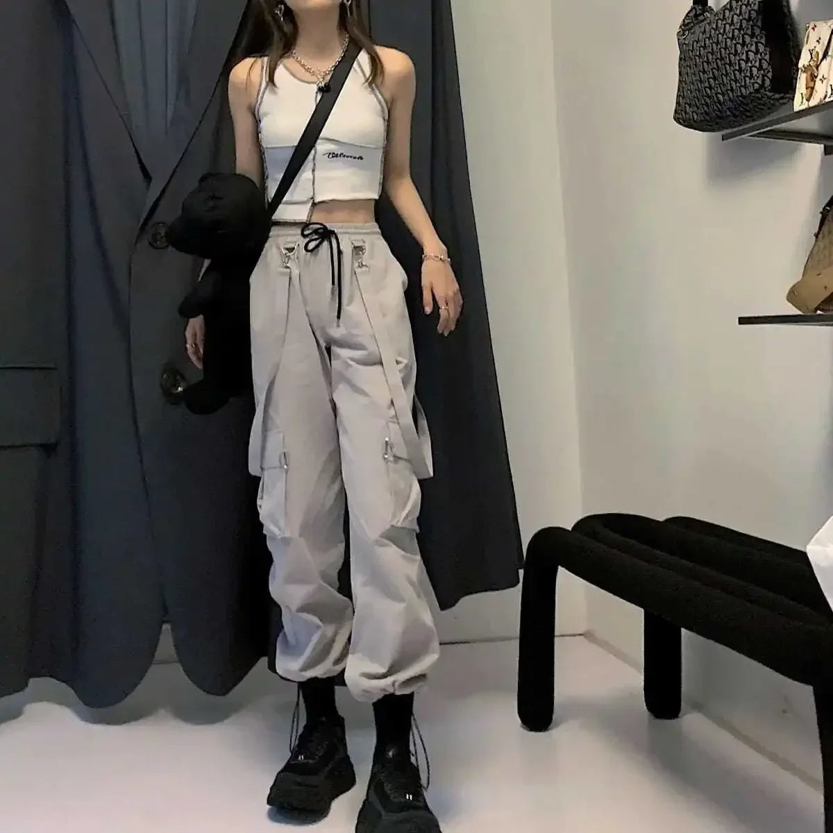 Women's Cargo Joggers with Hanging Straps and Elastic Ankle Cuffs