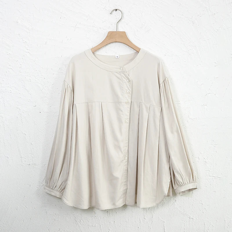 Women's Linen-Rayon Long-Sleeve Loose Round-Neck Blouse with Button Detail for Casual Outfits