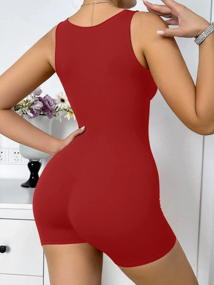 Women's Square Neck Sleeveless Romper with Wide Straps and Fitted Shorts