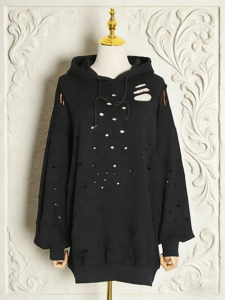 Distressed Long Sleeve Pullover Casual Hoodie for Layering