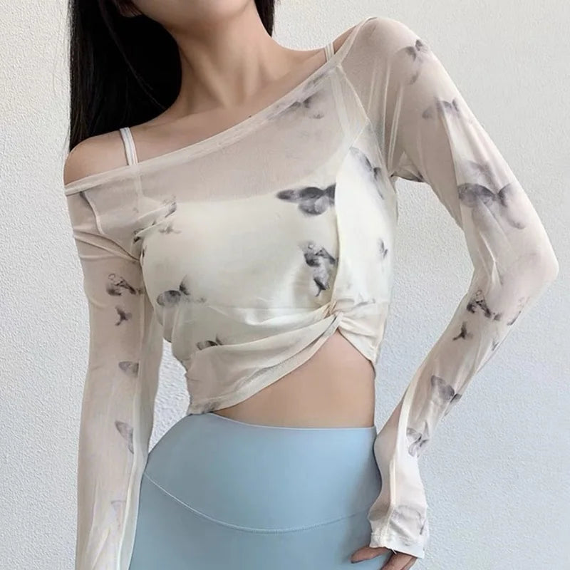 Women's Butterfly-Print Long-Sleeve Workout Top