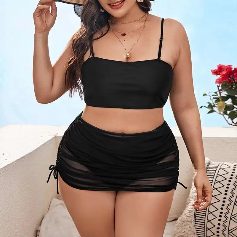 Women's Strappy Bandeau Bikini Set with Ruched Mesh Shorts