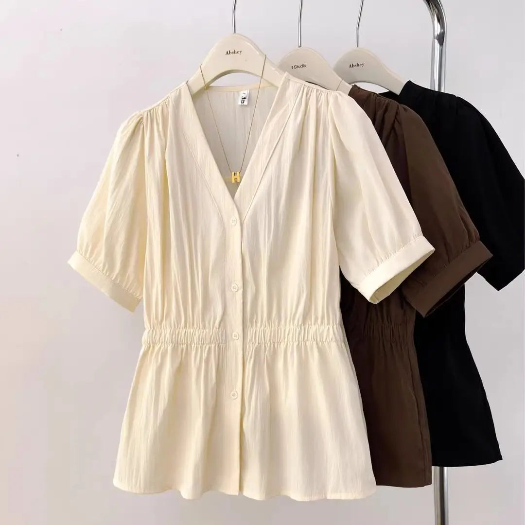 Women's Smocked Waist V Neck Button Front Blouse