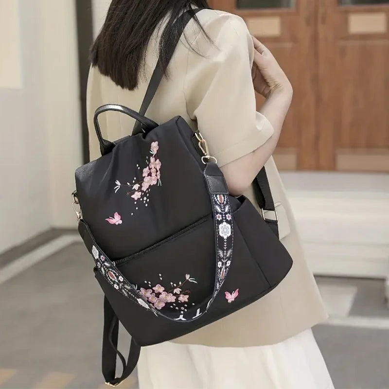 Floral Print Backpack with Rear Zipper Opening and Top Handle