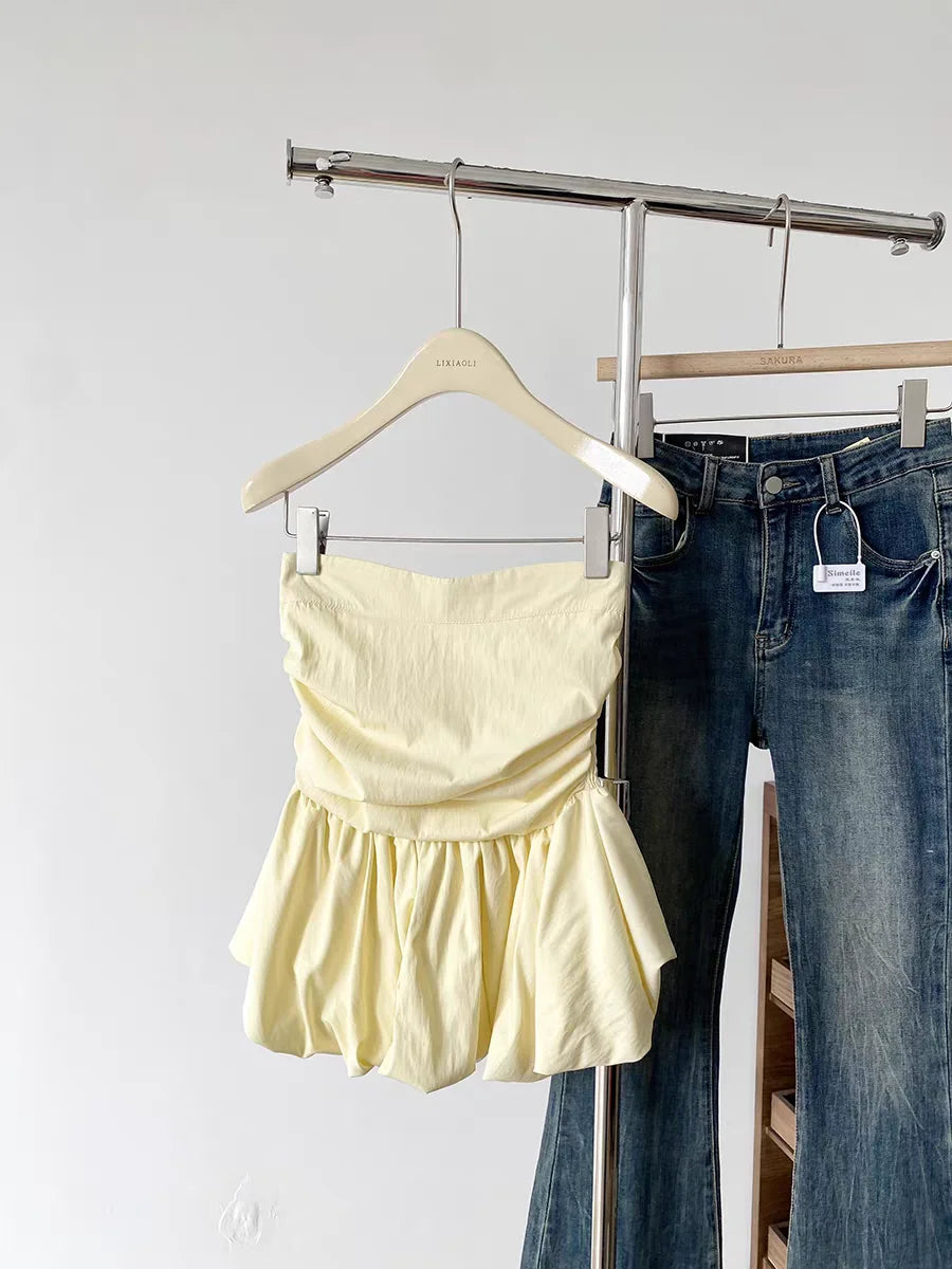 Women's Ruched Strapless Peplum Crop Top with a Gathered Waist