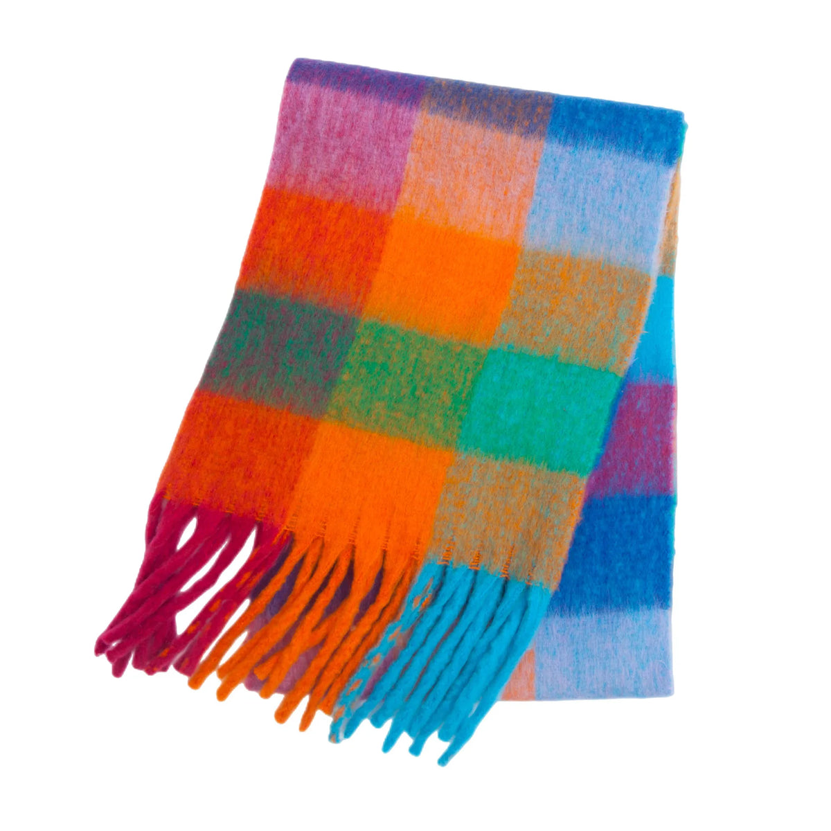 Multicolor Plaid Scarf with Long Shape and Fringed Ends