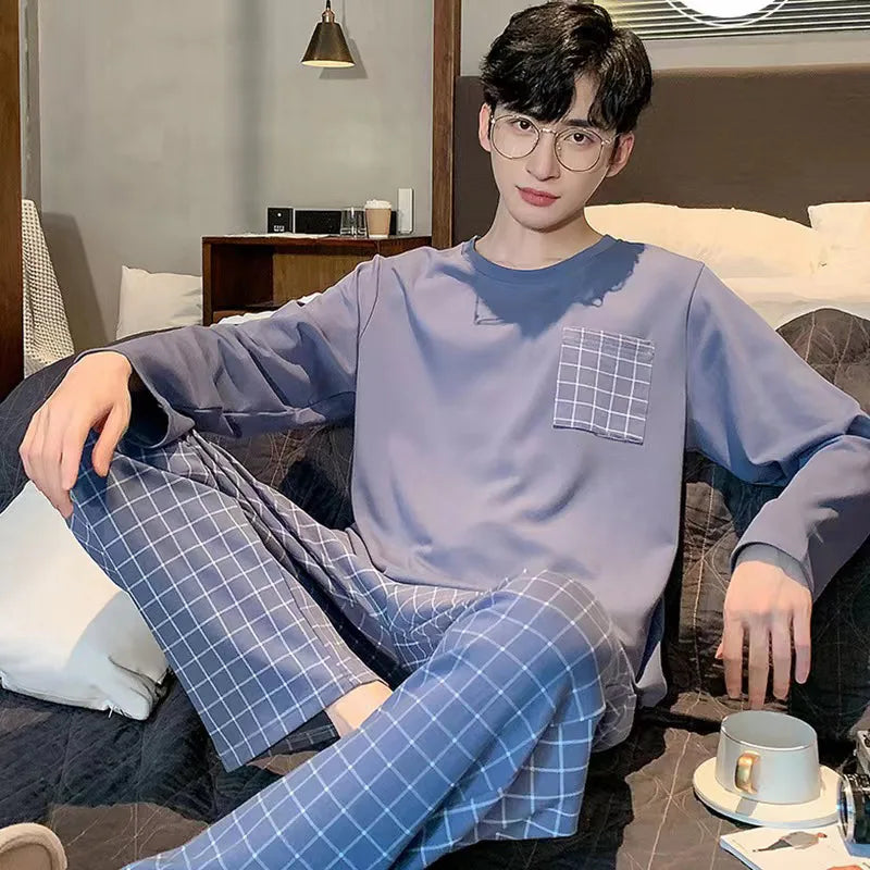 Men's Printed Long Sleeve Crew Neck Top and Pants Pajama Set