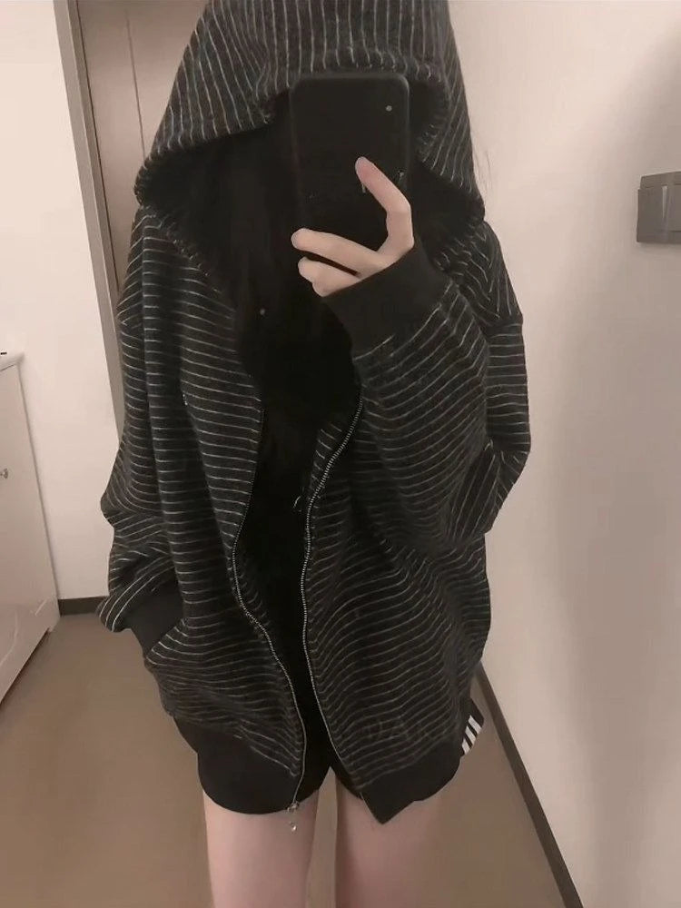 Striped Long Sleeve Full Zip Casual Hoodie for Layering