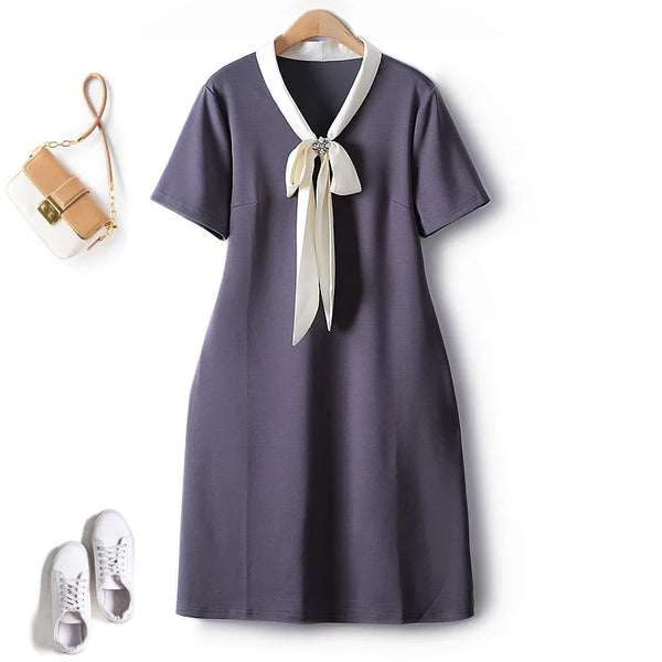 V Neck Bowknot Contrast Color Space Cotton Drape Solid Loose Waist Pullover Female Dress