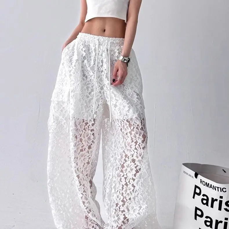 Women's Wide Leg Lace Pants with Short Lining and Pockets