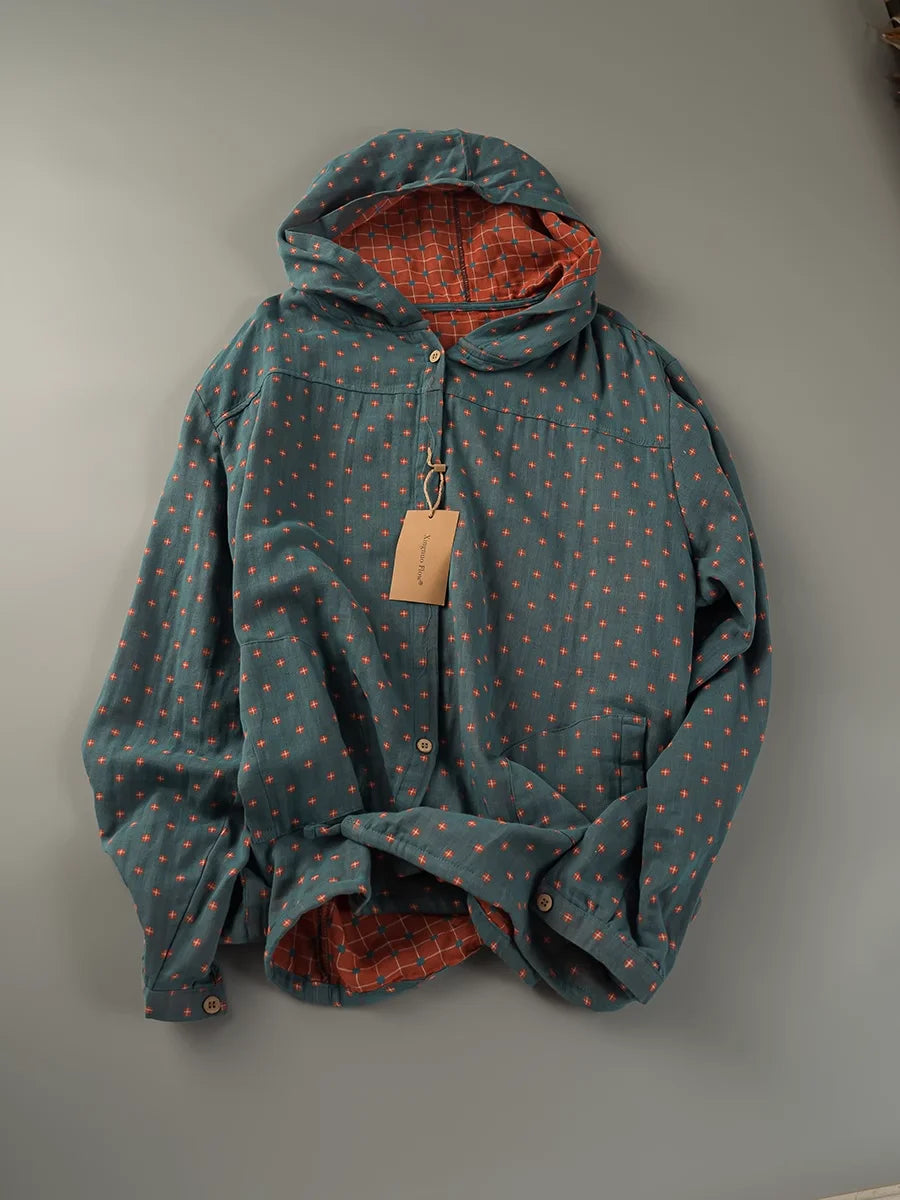 Women's Patterned Hooded Long Sleeve Button Front Shirt