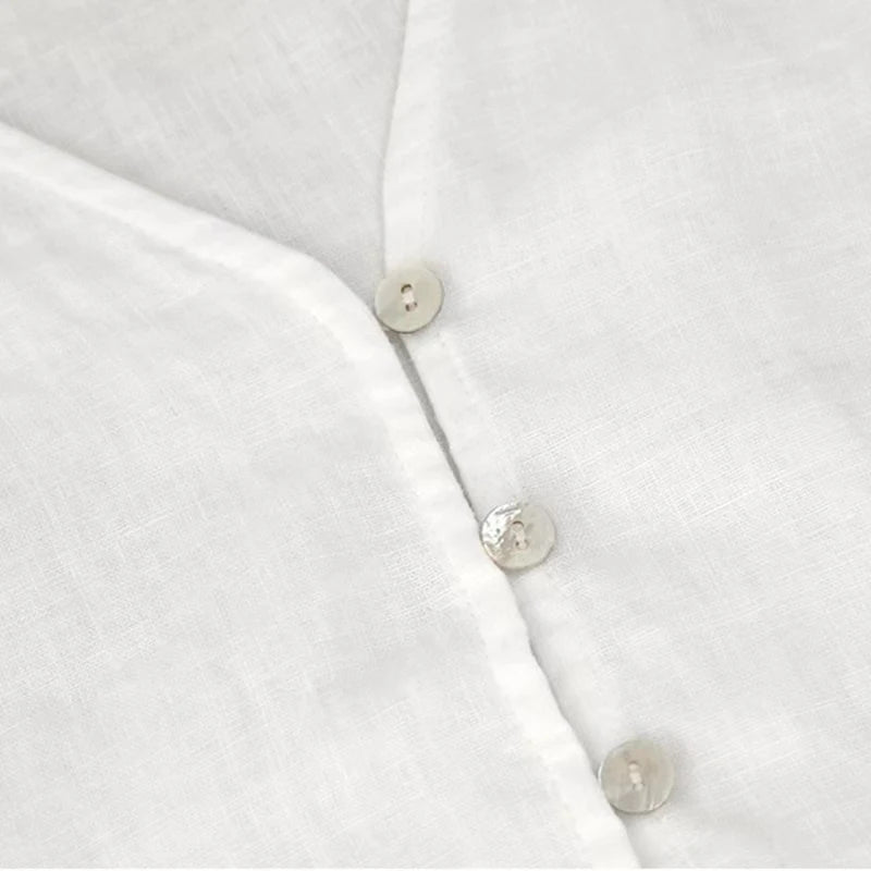 Women's Linen V-Neck Button-Up Shirt with Three-Quarter Sleeves for Casual Everyday Outfits
