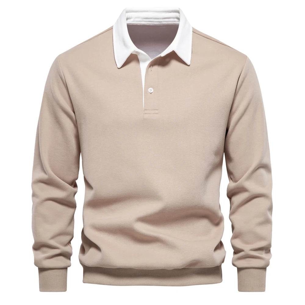 Men's Polo-Collar Long-Sleeve Button-Neck Sweatshirt