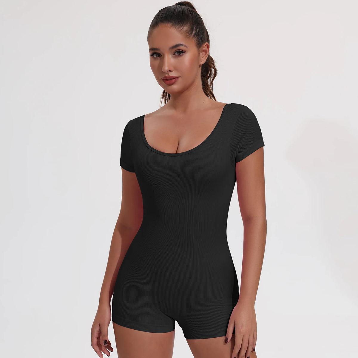 Women's Scoop Neck Nylon Blend Romper with Cap Sleeves and Open Back
