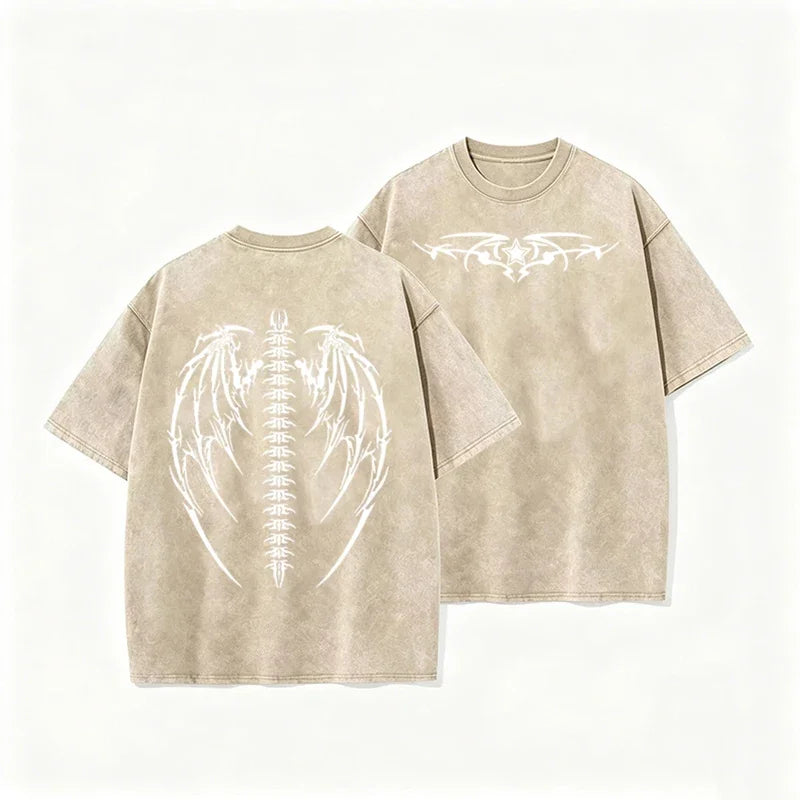 Gothic Tribal Wing Spine Print Vintage Washed Gray Y2K Casual Graphic T Shirt