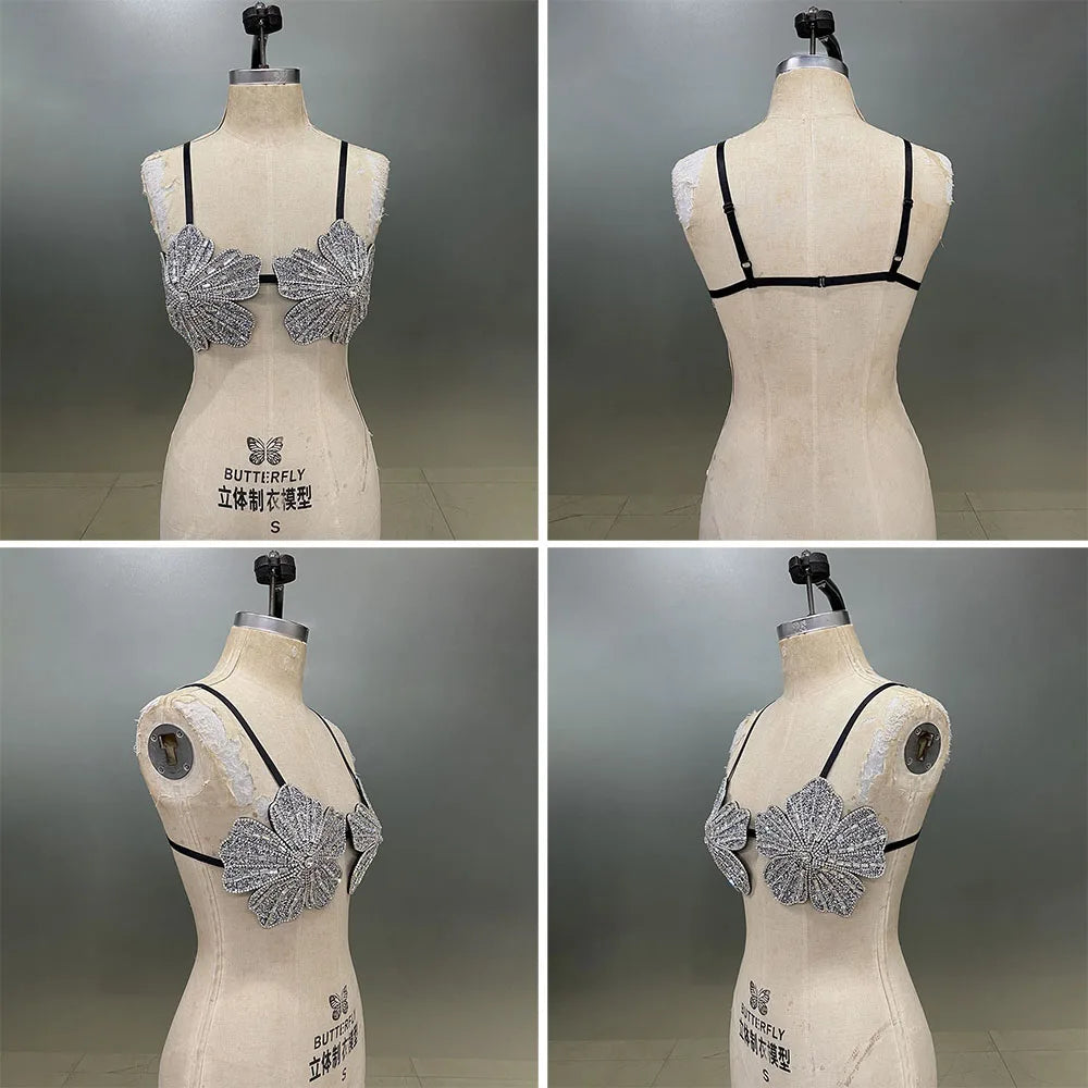 Women's Floral Embellished Bra Top with Decorative Beading and an Open Design