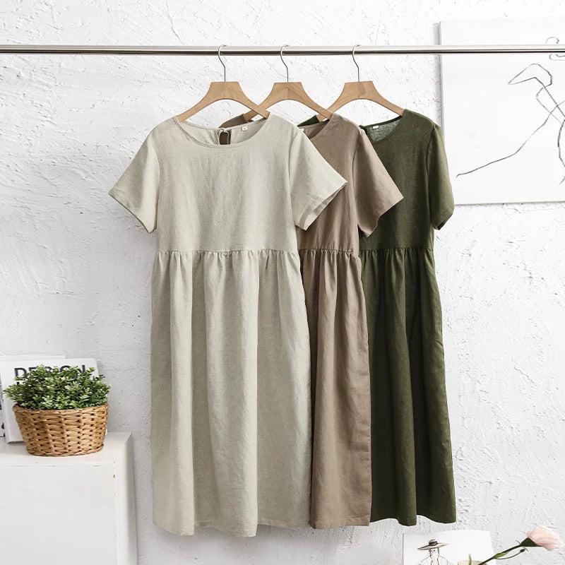 Women's Cotton-Linen Short-Sleeve Round-Neck A-Line Midi Dress with Pockets for Casual Outfits