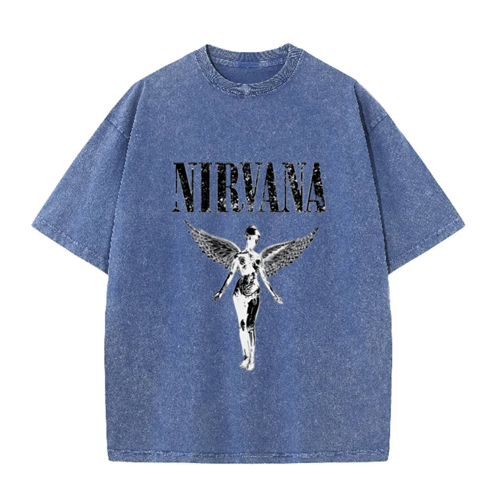 Vintage Distressed Washed Tee Nirvana Grunge Rock Silver Angel Skeleton Print Loose Fit Short Sleeve T Shirts