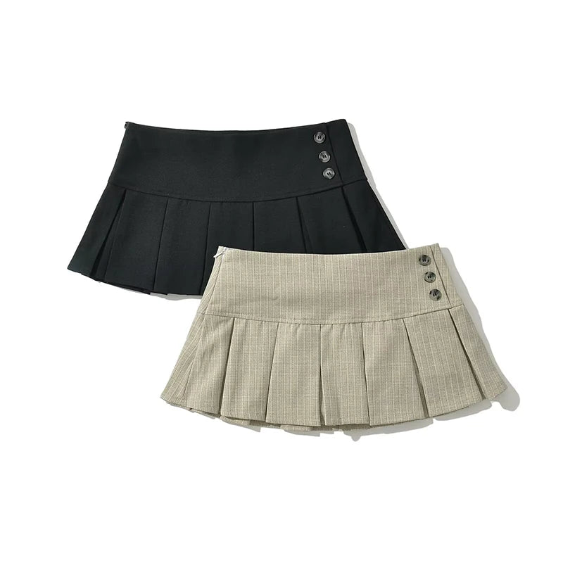 Women's Solid Pleated Mini Skirt with Button Detailing for Retro Summer Outfits