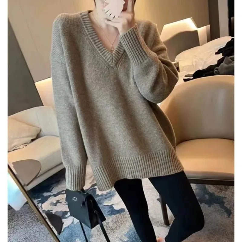 V-neck 100 pure wool sweater for women in autumn and winter, loose and thick sweater, long-sleeved knitted top