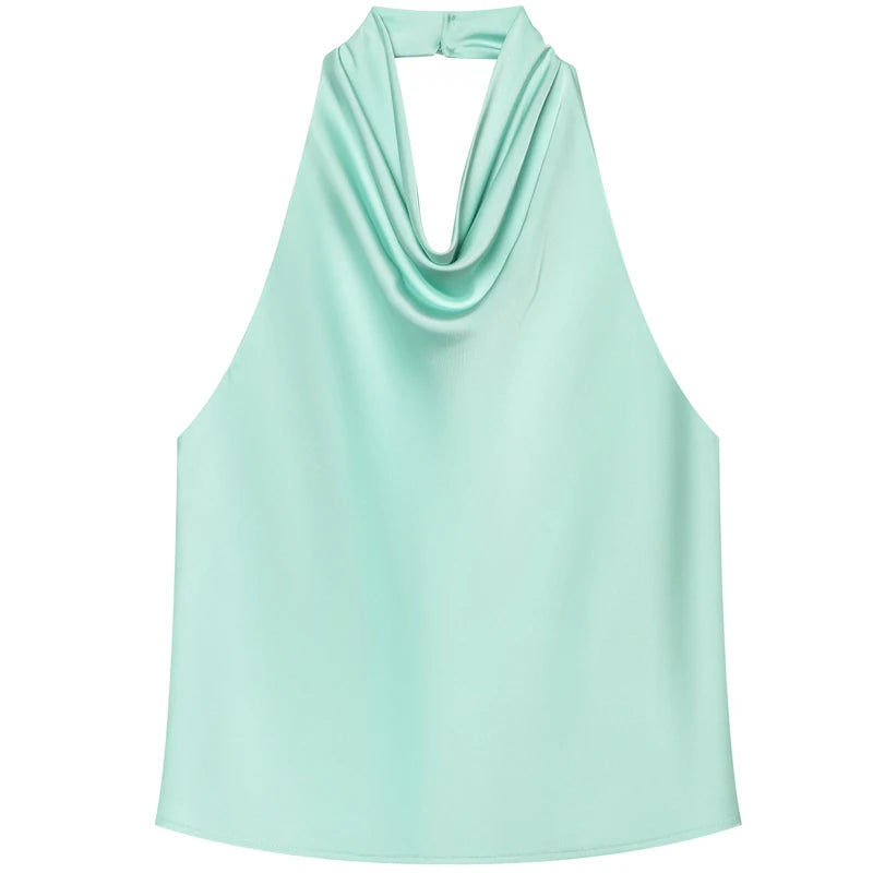 Women's Satin Polyester Halter Camisole with a Draped Front and Open Back