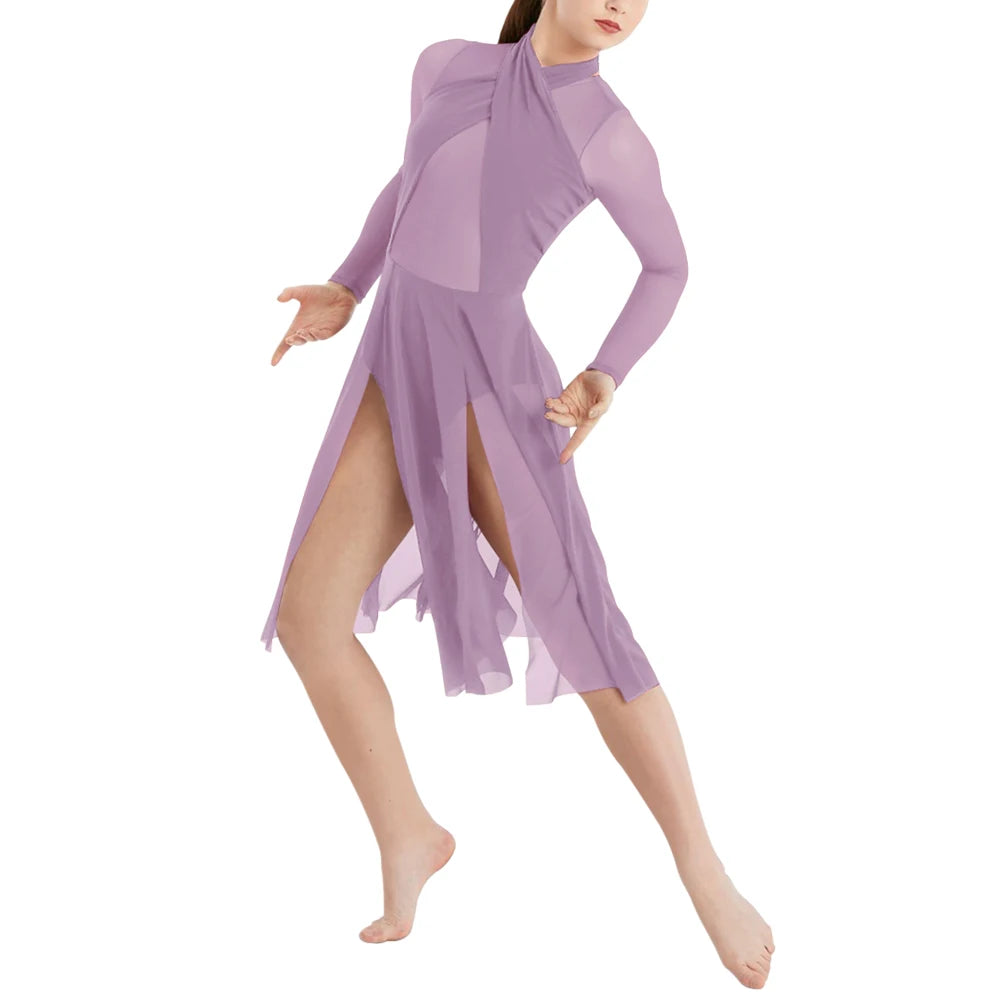 Long Sleeve Mesh Lyrical Dance Dress with Child and Adult Size Options