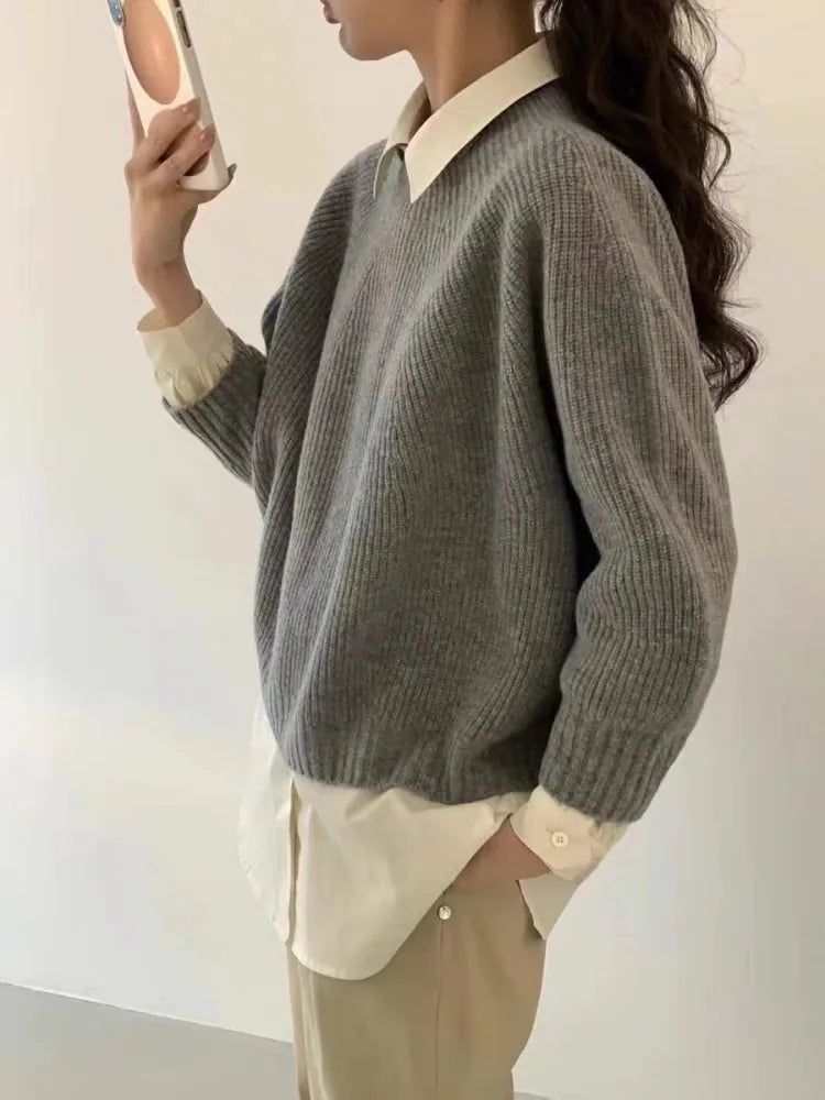 Half-open high-neck three-quarter sleeve cashmere sweater women loose cashmere sweater for autumn and winter thickened sweater
