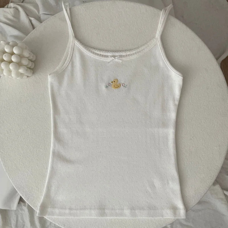 Women's Lace Trim Cotton Camisole with Bow Detail and Multiple Pattern Options