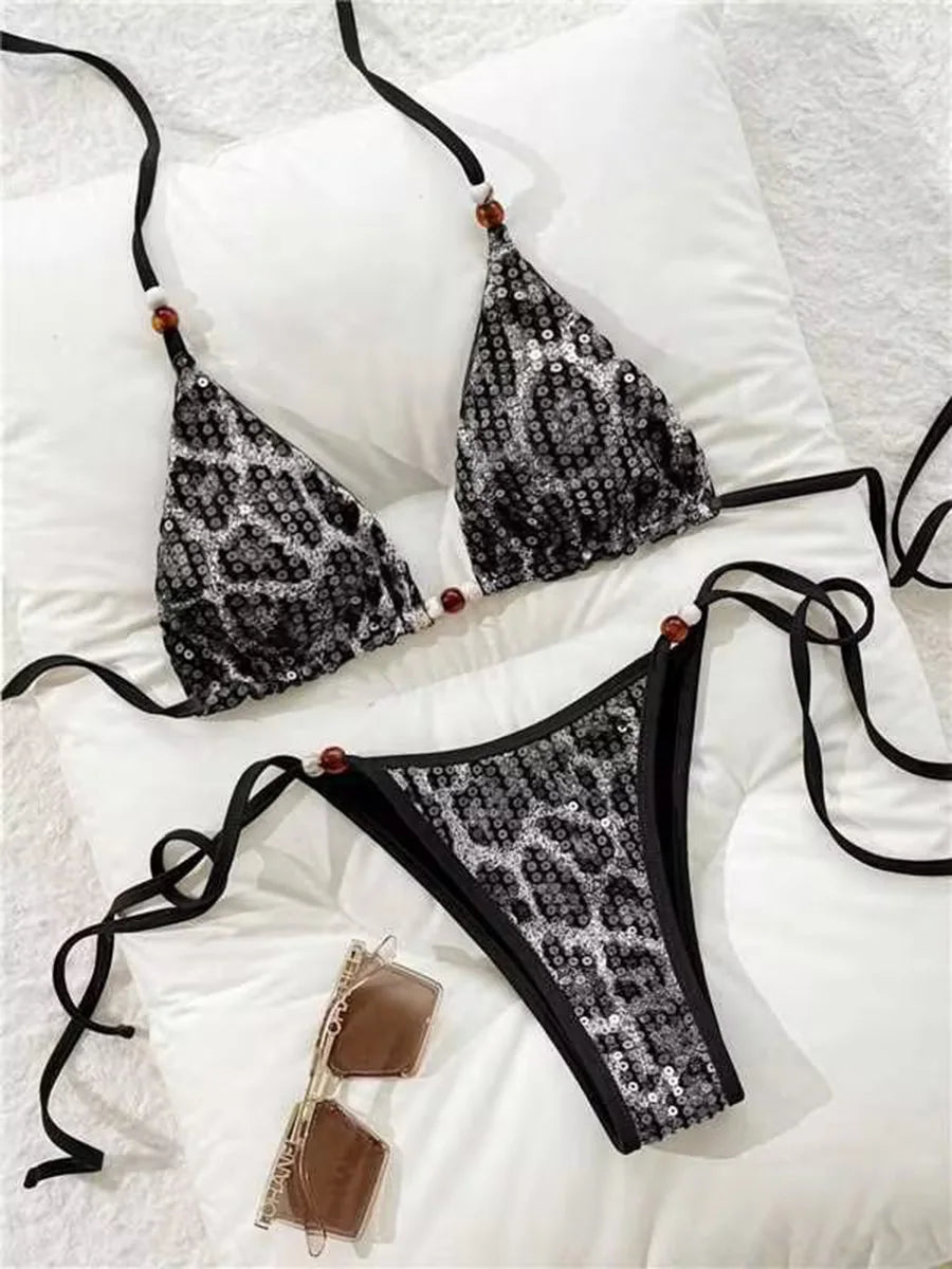 Sequin Leopard Print Halter Bikini