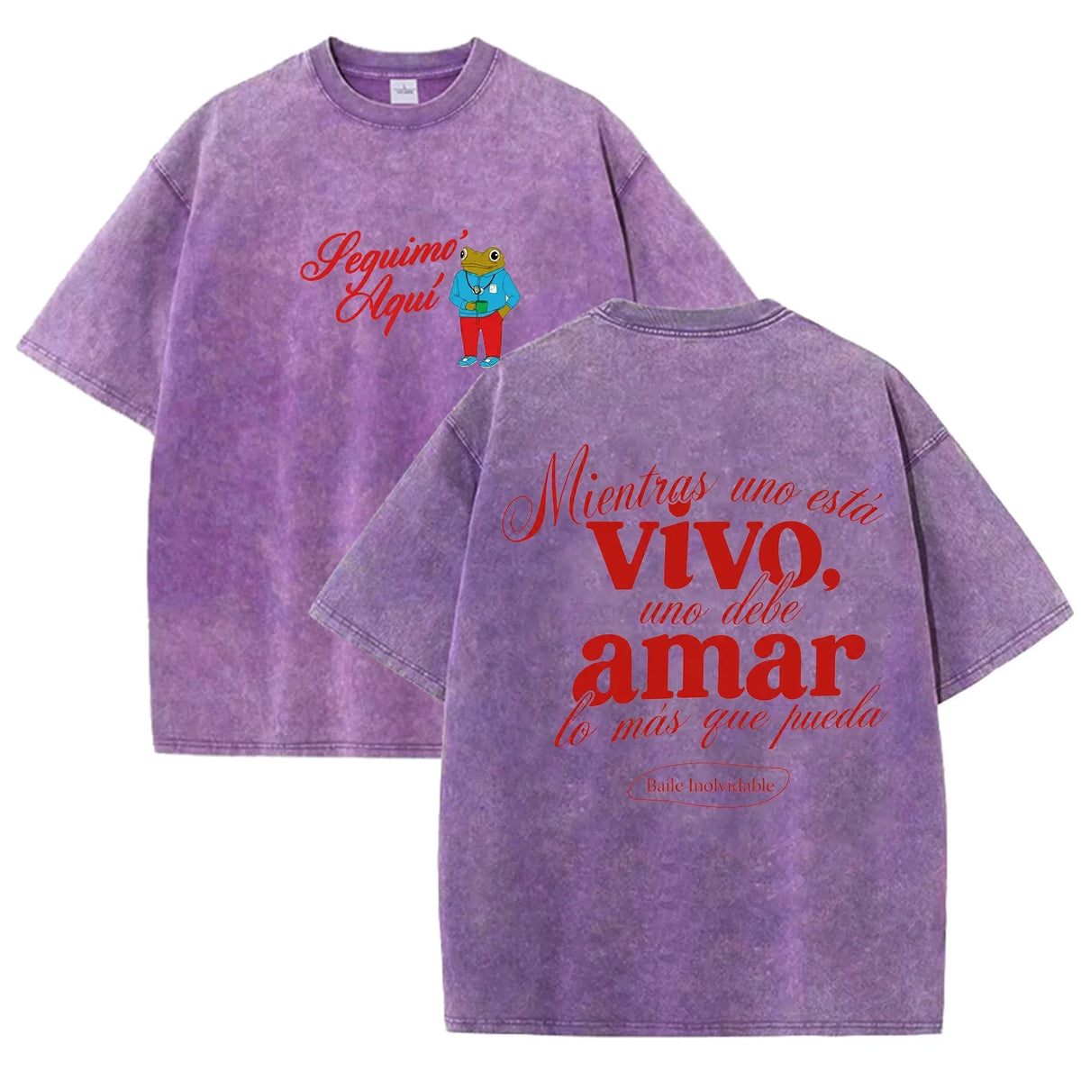 Vintage Washed Black Seguimo Aqui Frog Spanish Slogan Front Back Print Casual T Shirt