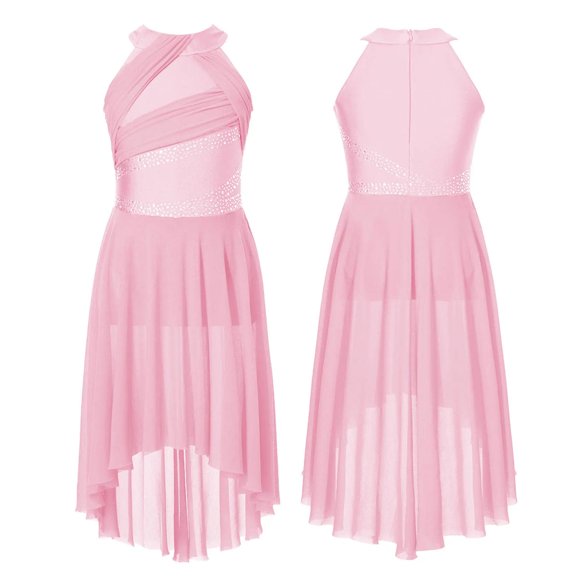 Girls' Sleeveless Rhinestone Ballet Dress with Asymmetric Mesh Skirt Overlay