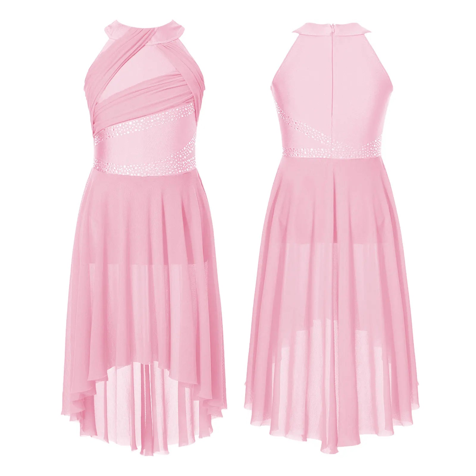Girls' Sleeveless Rhinestone Ballet Dress with Asymmetric Mesh Skirt Overlay