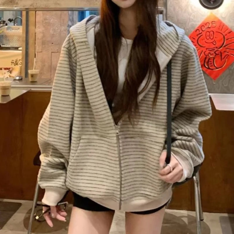 Striped Long Sleeve Full Zip Casual Hoodie for Layering