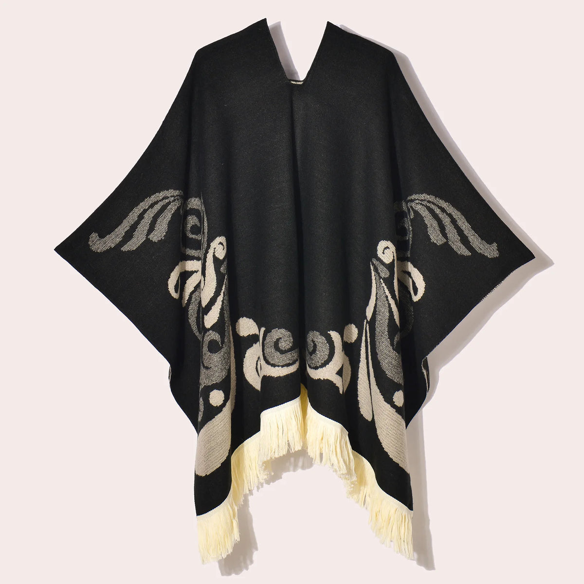 Geometric Pattern Fringe Poncho for Layering over Outfits