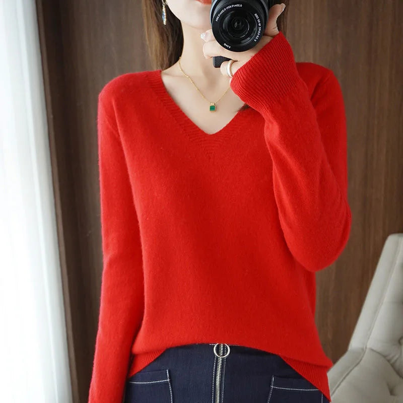 Women's V Neck Long Sleeve Sweater Casual Knit Layer