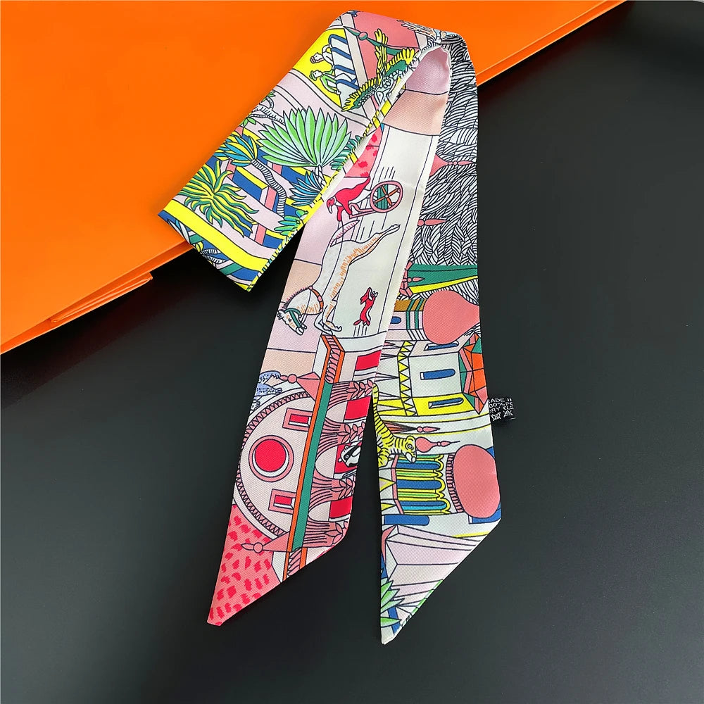 Horse Motif Skinny Scarf with Decorative Printed Patterns