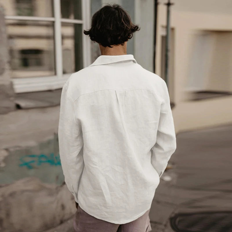 Men's Linen Long-Sleeve Button-Up Shirt with Classic Collar for Casual Daily Wear