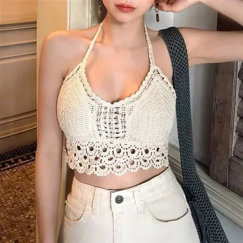 Women's Crochet Halter Crop Top with an Openwork Design and Fringe Hem