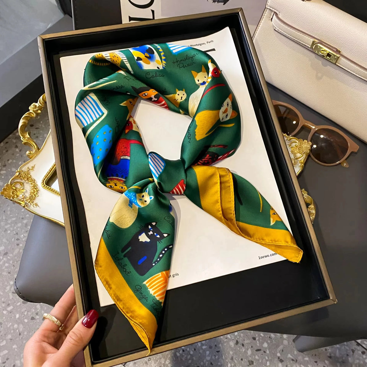 Chain Print Square Scarf with Decorative Border Designs